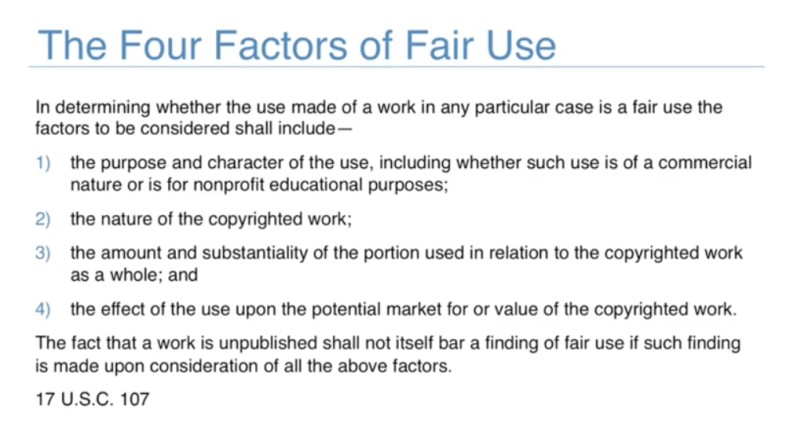 Four factors of Fair Use law in US.
